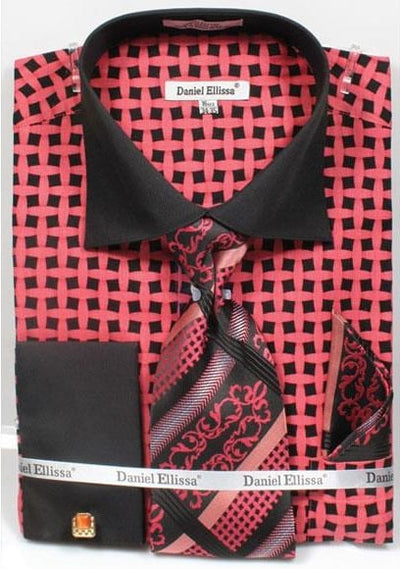 Daniel Ellissa Bright Net Pattern Two Tone Black/Salmon ~ Coral color French Cuff Big and Tall Sizes Black Collar Two Toned Contrast 18 19 20 21 22 Inch Neck Men's Dress Shirt