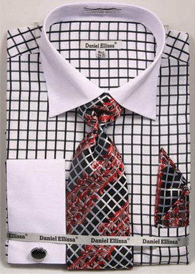 Daniel Ellissa Black Checked Pattern Two Tone French Cuff White Collar Big and Tall Sizes Two Toned Contrast 18 19 20 21 22 Inch Neck Men's Dress Shirt