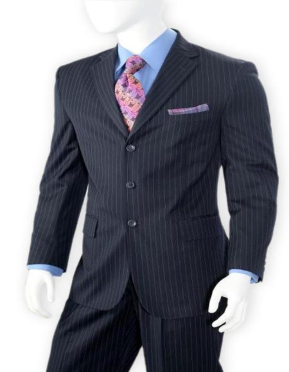 Dark Navy Blue Pinstripe 3-Button Wool Suit