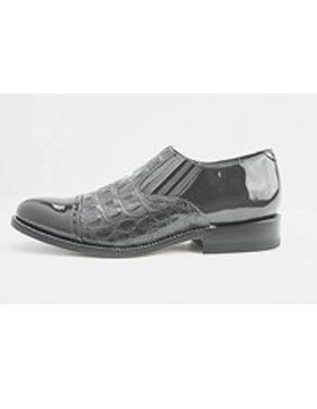 Men's Leather Sole Slip on Grey Alligator Print Cap Toe Shoes