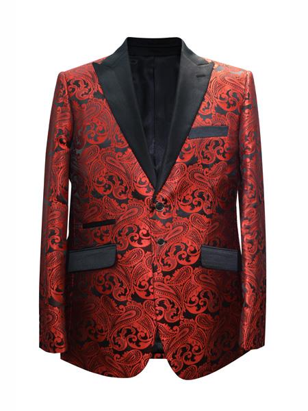 Men's 2 Button Paisley Designed Red Sport Coat Cheap Priced Blazer Jacket For Men Two Toned Tuxedo Mix With Black Dinner Jacket - Red Tuxedo