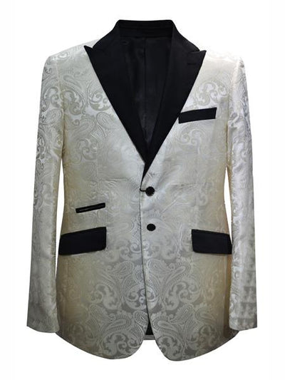 Men's 2 Button Paisley Designed Cream ~ Ivory Sport Coat Blazer Two Toned Tuxedo Mix With Black Dinner Jacket