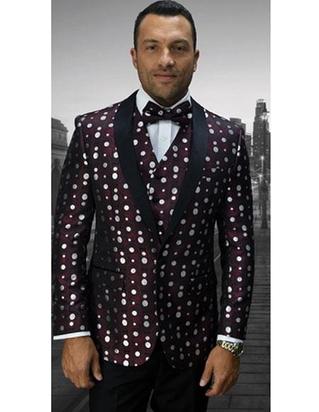 Men's Flashy Shawl Lapel Burgundy and White Dots ~ Maroon Suit Polka Dot Pattern Jacket & Pants Tuxedo Burgundy Suit