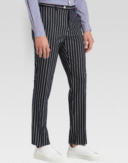 Men's slacks Black Ganagster Chalk Striped ~ Pinstripe 1920's Style Flat Front or Pleated Pants Available In Big And Tall unhemmed unfinished bottom