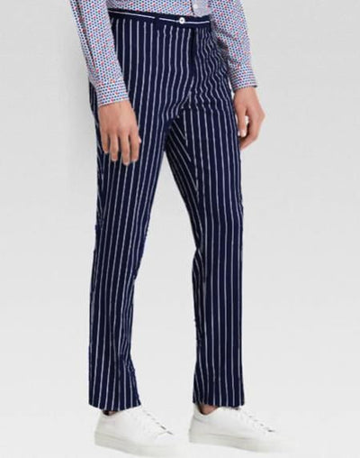 Men's slacks Dark Navy Blue Ganagster Chalk Striped ~ Pinstripe 1920's Style Flat Front or Pleated Pants Available In Big And Tall unhemmed unfinished bottom