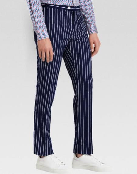 Men's slacks Dark Navy Blue Ganagster Chalk Striped ~ Pinstripe 1920's Style Flat Front or Pleated Pants Available In Big And Tall unhemmed unfinished bottom