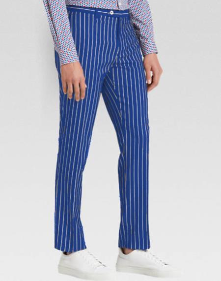 Men's slacks Royal Blue Ganagster Chalk Striped ~ Pinstripe 1920's Style Flat Front or Pleated Pants Available In Big And Tall unhemmed unfinished bottom