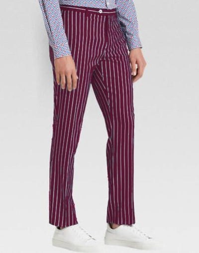 Men's slacks Wine Ganagster Chalk Striped ~ Pinstripe 1920's Style Flat Front or Pleated Pants Available In Big And Tall unhemmed unfinished bottom