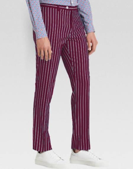 Men's slacks Wine Ganagster Chalk Striped ~ Pinstripe 1920's Style Flat Front or Pleated Pants Available In Big And Tall unhemmed unfinished bottom