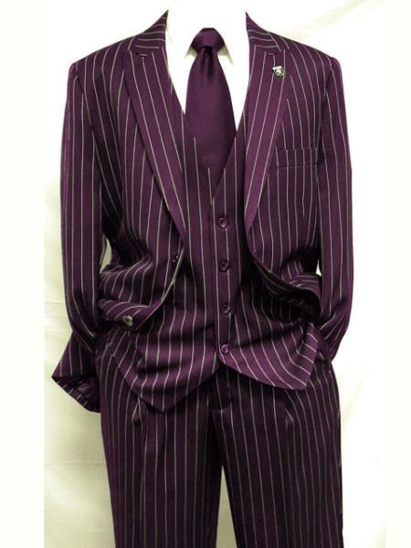 Men's Maroon ~ White Gangster Bold PinStripe Mars Vested 3 Piece Fashion Suit Pleated pant