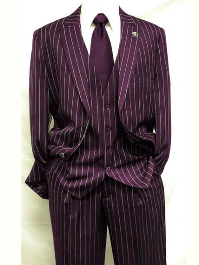 Men's Maroon ~ White Gangster Bold PinStripe Mars Vested 3 Piece Fashion Suit Pleated pant