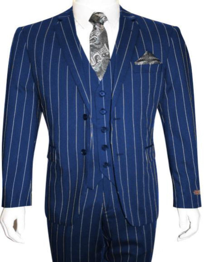 Vintage Navy Blue Bold Stripe Gangster Suit