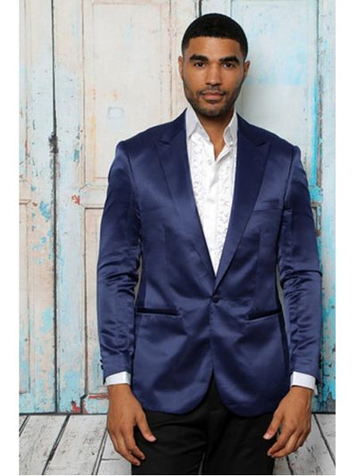 Men's Shiny Flashy Satin Solid Blazer ~ Sport Coat Navy Blue Available in 2 buttons