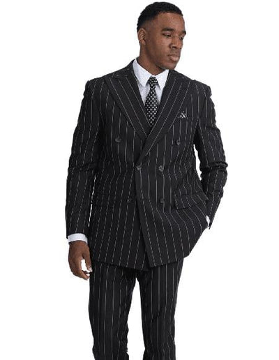 Men's Double Breasted Black Button Closure Poly ~ Rayon Peak Lapel Vested Suit