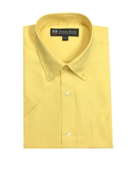 Oxford Yellow Button-down point collar Men's Short Sleeve Cotton Blend Men's Dress Shirt