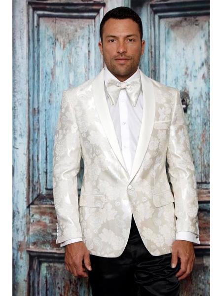 Men's One Button Shawl Lapel Paisley Pattern White Tuxedo