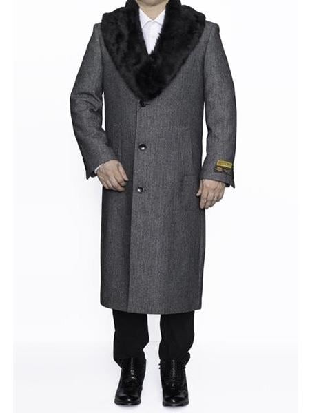 Mens Topcoat Mens Dress Coat Removable Fur Collar Full Length Wool Herringbone Grey Top Coat ~ Overcoat
