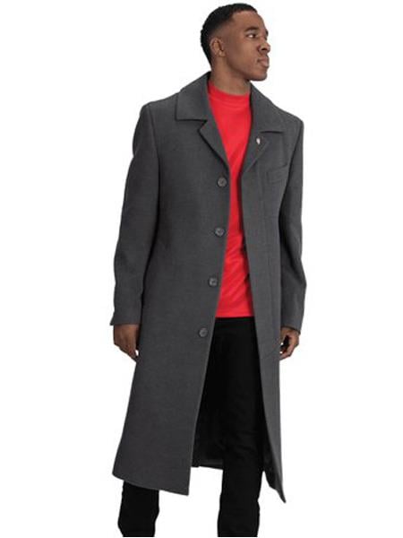Men's Dress Coat Blu Martini Four Button Wool Full Length Charcoal Overcoat