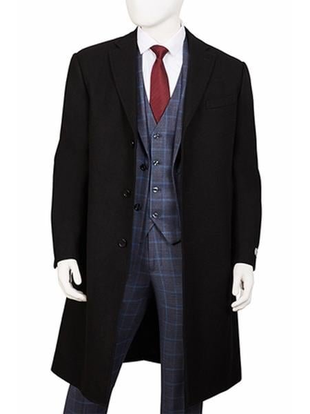 Men's Dress Coat Three Button Wool ~ Poly Blend Black Overcoat