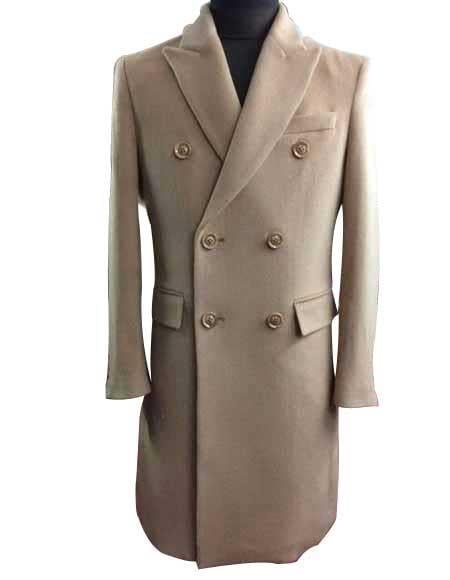 Men's Beige Peak Lapel Big and Tall Long Men's Dress Topcoat