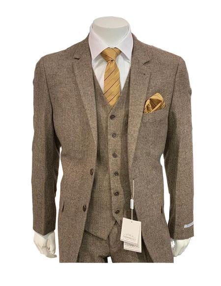 Tweed Herringbone Brown ~ Coffee Herringbone 2 Button Slim Fitted Tapered Vested Suit Ves