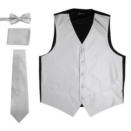 Men's 4PC Big and Tall Dress Tuxedo Wedding Vest ~ Waistcoat ~ Waist coat & Tie & Bow Tie and Hankie Gray