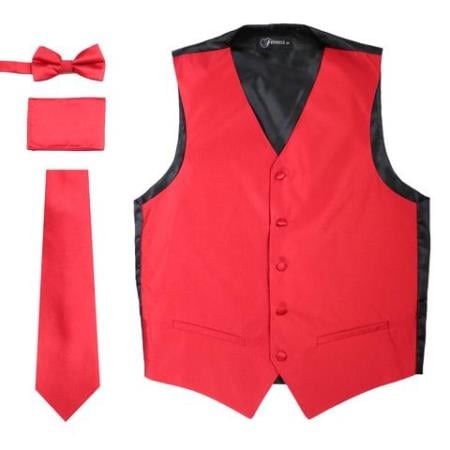 Men's 4PC Big and Tall Dress Tuxedo Wedding Vest ~ Waistcoat ~ Waist coat & Tie & Bow Tie and Hankie Red