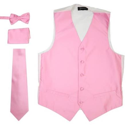 Men's Solid Pink V Neck 4PC Big and Tall Waistcoat