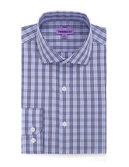 Blue Cotton Slim Fit Men's Dress Gingham Shirt - Checker Pattern - French Cuff - White Collared + Free Bowtie