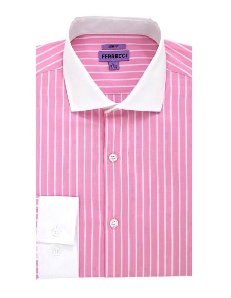 Pink Striped Pattern Button Closure 100% Cotton Gingham Shirt - Checker Pattern - French Cuff - White Collared + Free Bowtie