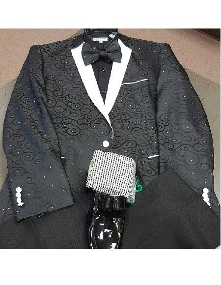 Flower printed notch collared 1 chest pocket cuff link black western blazer for men