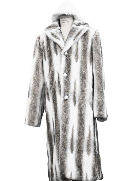 Men's Long Length Faux Fur Coat Full Length Overcoat ~ Long Men's Dress Topcoat - Winter coat + Matching Top Hat ~ Tuxedo Hat Coffee