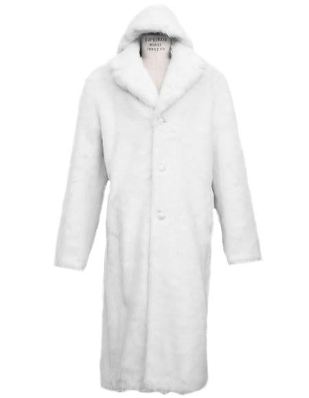 Men's Long Length Faux Fur Coat Full Length Overcoat ~ Long Men's Dress Topcoat - Winter coat + Matching Hat Arctic White