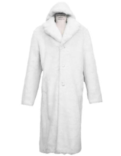 Men's Long Length Faux Fur Coat Full Length Overcoat ~ Long Men's Dress Topcoat - Winter coat + Matching Hat Arctic White