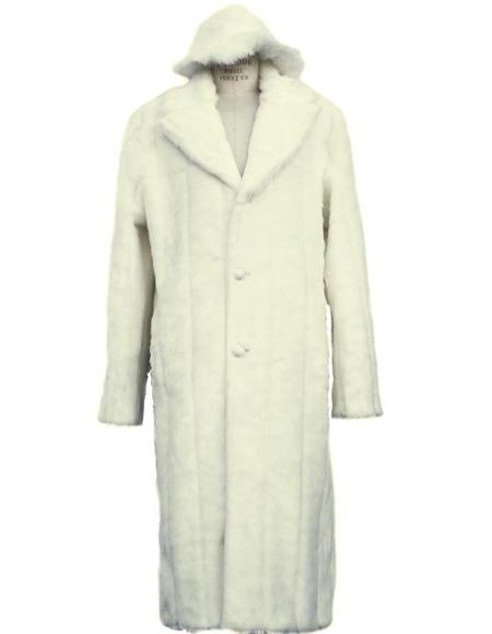 Men's Long Length Faux Fur Coat Full Length Overcoat ~ Long Men's Dress Topcoat - Winter coat + Matching Hat Off White
