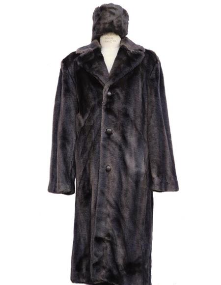 Men's Long Length Faux Fur Coat Full Length Overcoat ~ Long Men's Dress Topcoat - Winter coat+ Matching Hat Brown