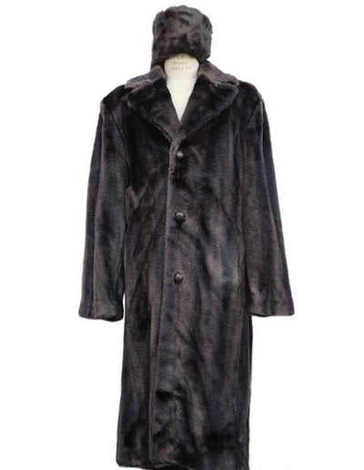 Men's Long Length Faux Fur Coat Full Length Overcoat ~ Long Men's Dress Topcoat - Winter coat+ Matching Hat Brown