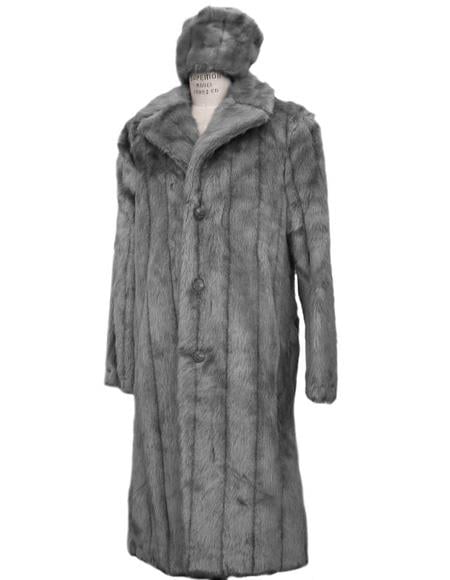 Men's Long Length Faux Fur Coat Full Length Overcoat ~ Long Men's Dress Topcoat - Winter coat + Matching Hat Grey