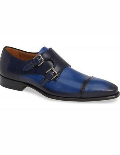 Men's Blue Double Monk Strap Leather Shoe- Men's Buckle Dress Shoes