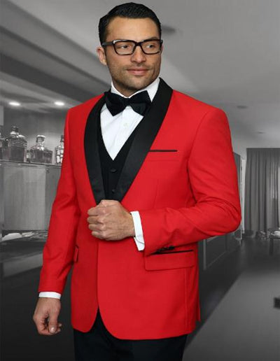 Men's Red 1 Button Shawl Collar Two Toned Tuxedo - Red Tuxedo