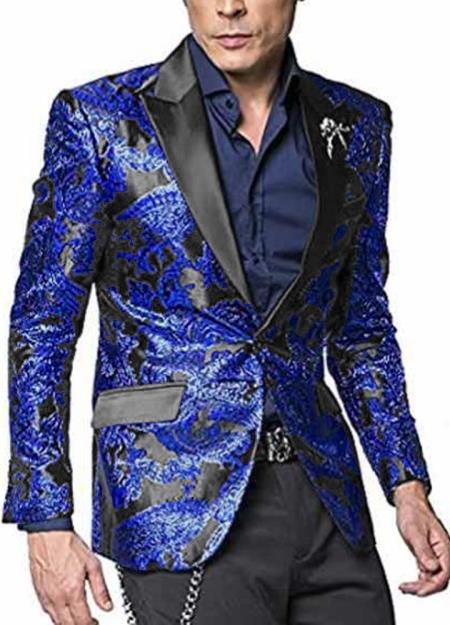 Men's Black/Blue Peak Label Floral Satin Shiny Fashion Blazer