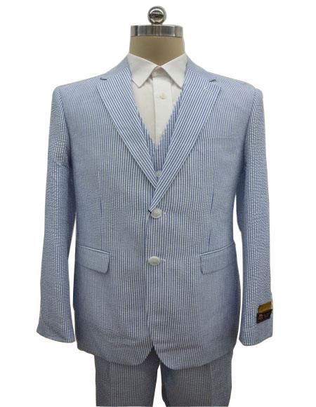 Men's Notch Label Blue Summer Seersucker Fabric Jacket + Pants 3 Piece Suit
