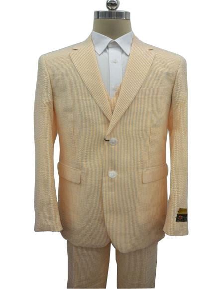 Men's Notch Label Orange Colour Summer Seersucker Fabric Vested 3 Piece Suit
