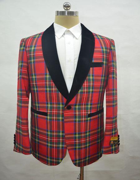 Tartan Christmas New Year Holiday Men's Tartan - Plaid Red Cuff Link One Chest Pocket One Button Shawl Lapel Blazer