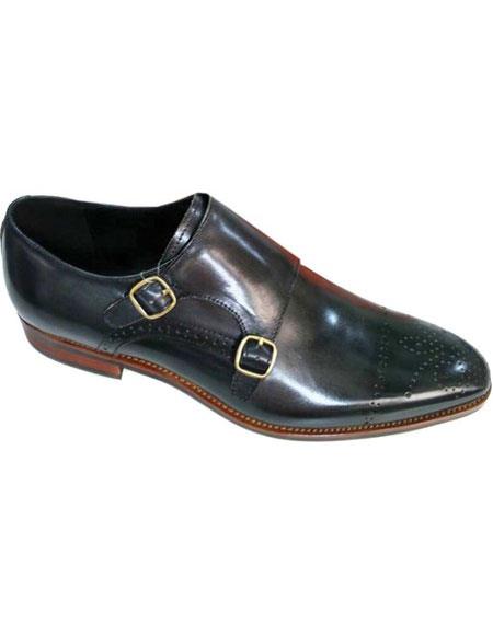 Men's Double Monkstrap Cap Toe Unique Model Premium Leather Brown- Men's Buckle Dress Shoes