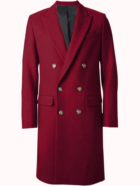 Men's Burgundy Double Breasted~Wide Peak Lapel 6 buttons Coat