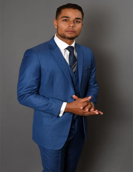 Sapphire Solid Pattern Vested Tapered Skinny Slim Fit Suit