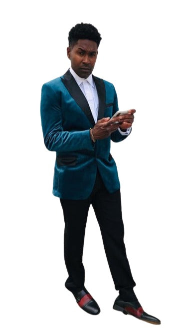 Teal Blue Velvet Fabric Tuxedo Dinner Jacket Blazer Sport Coat + Matching Bowtie