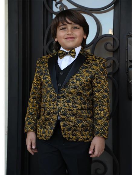 Men's Gold Textured Pattern Suit and Pants And Vest