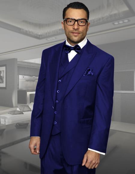 Dark Navy Peak Lapel 3 Piece Side Vents pleated pants